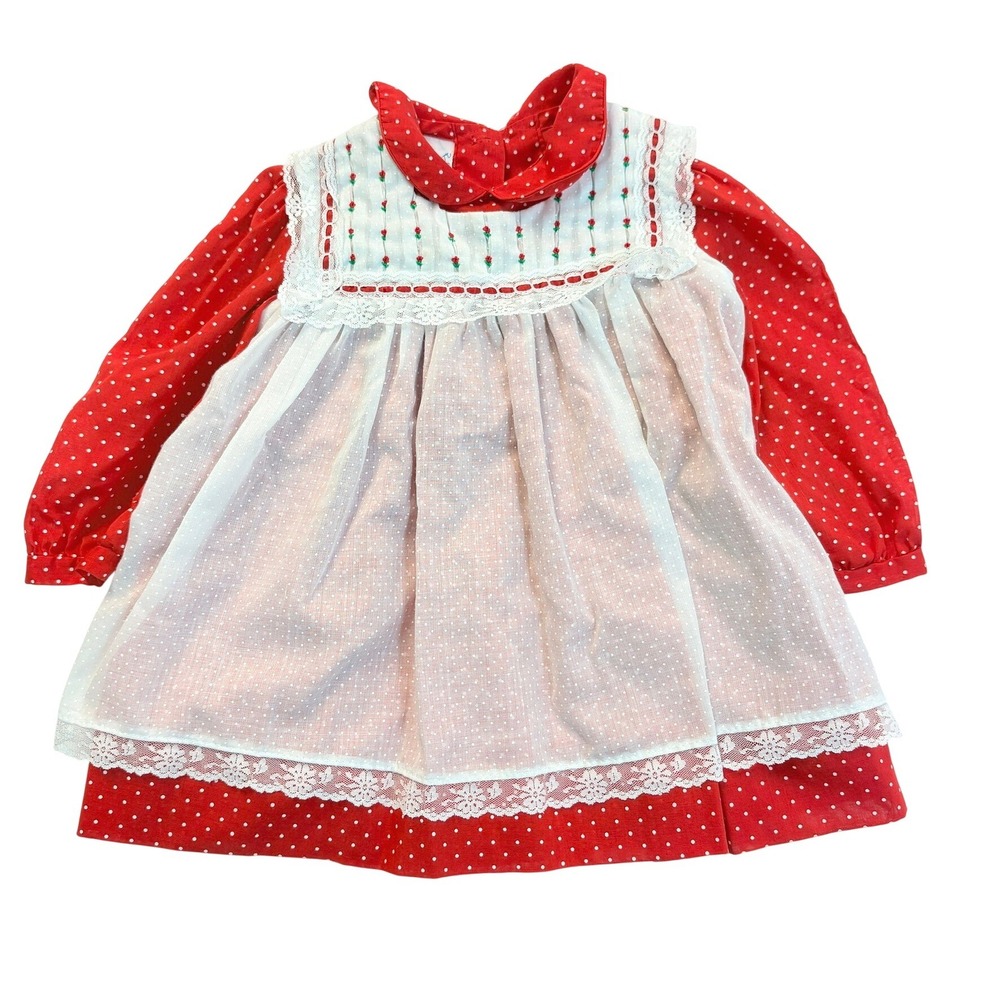 Vintage Polly Flinders Red Polka Dot Smocked Dress Lace Pinafore Toddler Size 2T